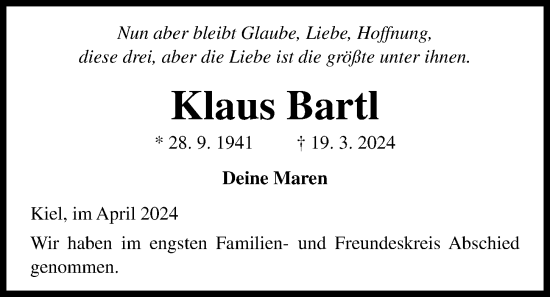 Traueranzeige von Klaus Bartl von Kieler Nachrichten