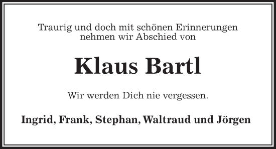 Traueranzeige von Klaus Bartl von Kieler Nachrichten