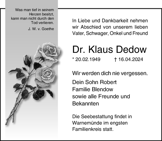 Traueranzeige von Klaus Dedow von Ostsee-Zeitung GmbH