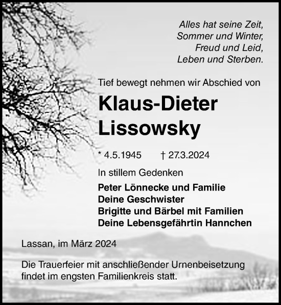 Traueranzeige von Klaus-Dieter Lissowsky von Ostsee-Zeitung GmbH