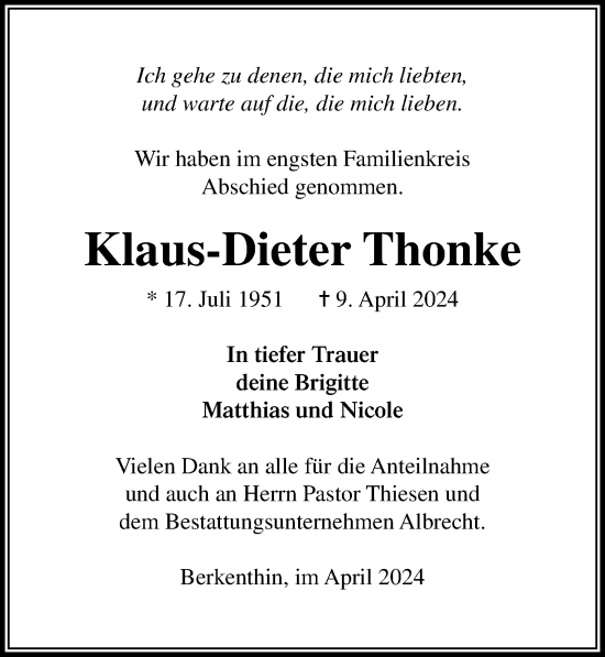 Traueranzeige von Klaus-Dieter Thonke von Lübecker Nachrichten