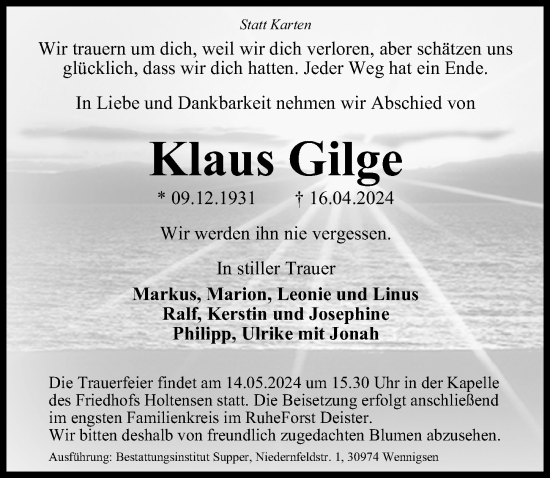 Traueranzeige von Klaus Gilge von Hannoversche Allgemeine Zeitung/Neue Presse