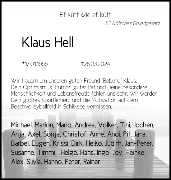 Traueranzeige von Klaus Hell von Kieler Nachrichten