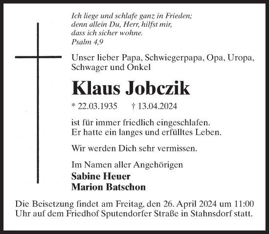Traueranzeige von Klaus Jobczik von Märkischen Allgemeine Zeitung