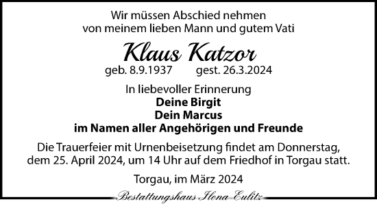 Traueranzeige von Klaus Katzor von Torgauer Zeitung