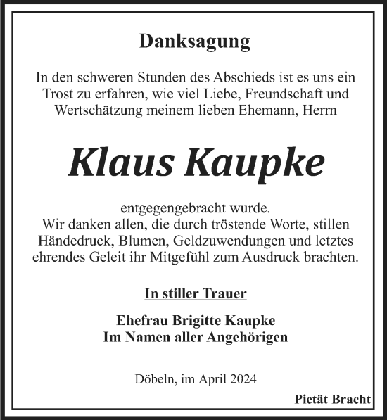 Traueranzeige von Klaus Kaupke von Leipziger Volkszeitung