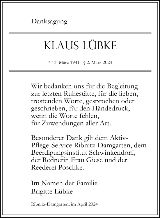 Traueranzeige von Klaus Lübke von Ostsee-Zeitung GmbH