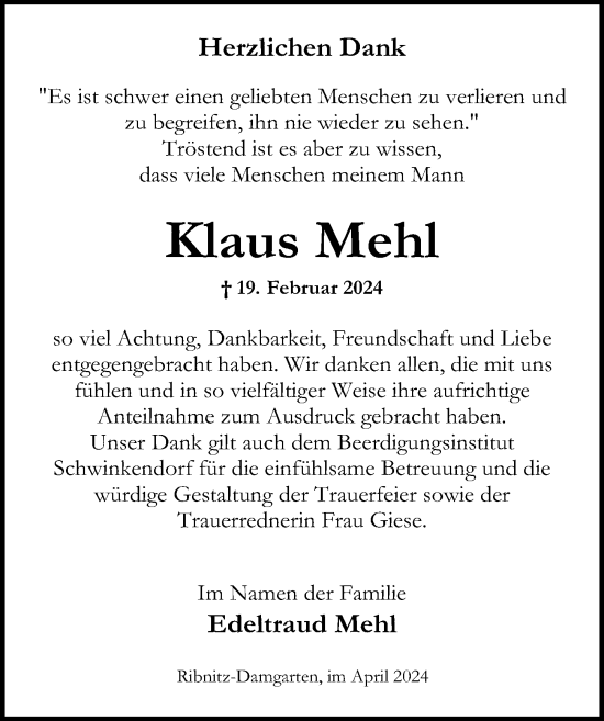 Traueranzeige von Klaus Mehl von Ostsee-Zeitung GmbH