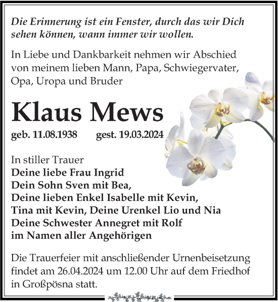 Traueranzeige von Klaus Mews von Leipziger Volkszeitung