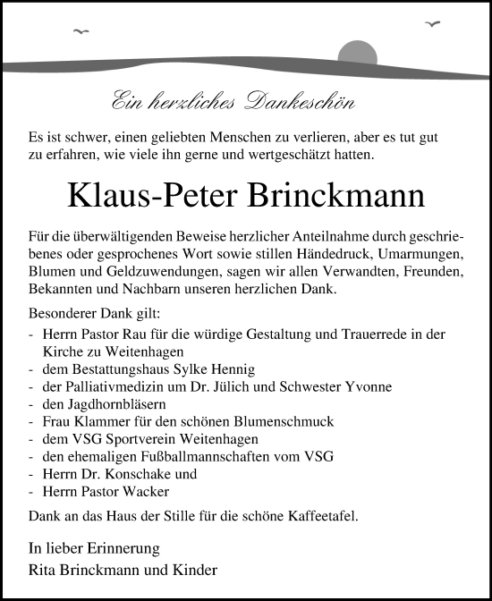 Traueranzeige von Klaus-Peter Brinckmann von Ostsee-Zeitung GmbH