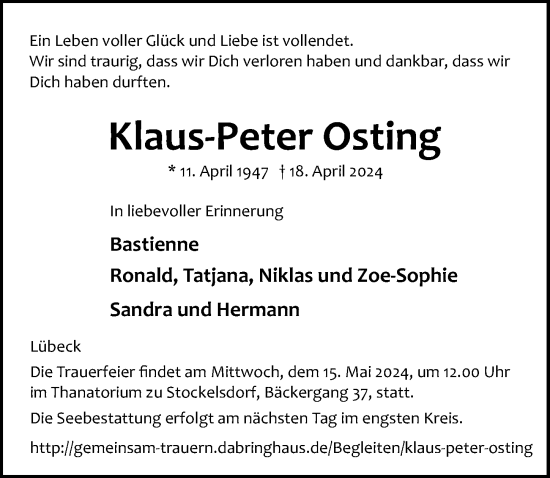 Traueranzeige von Klaus-Peter Osting von Lübecker Nachrichten