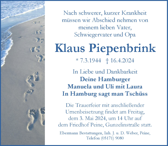 Traueranzeige von Klaus Piepenbrink von Peiner Allgemeine Zeitung