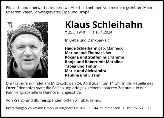 Traueranzeige von Klaus Schleihahn von Hannoversche Allgemeine Zeitung/Neue Presse