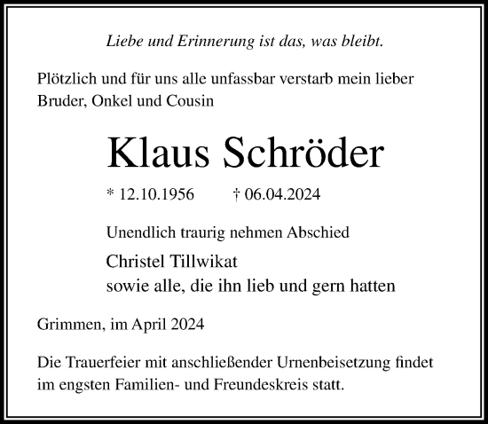 Traueranzeige von Klaus Schröder von Ostsee-Zeitung GmbH