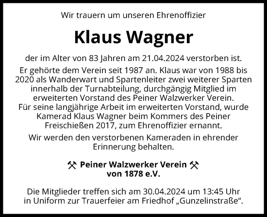 Traueranzeige von Klaus Wagner von Peiner Allgemeine Zeitung