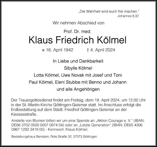 Traueranzeige von Klaus Friedrich Kölmel von Göttinger Tageblatt