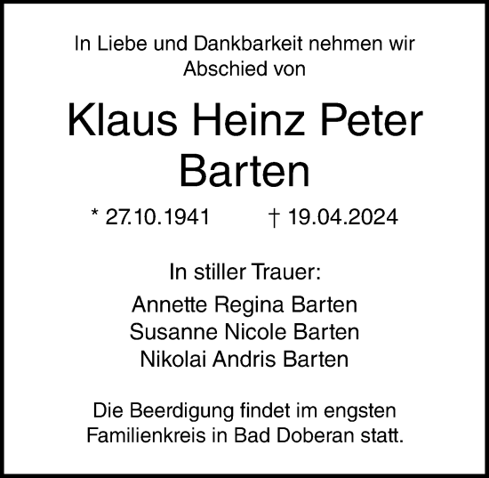 Traueranzeige von Klaus Heinz Peter Barten von Ostsee-Zeitung GmbH