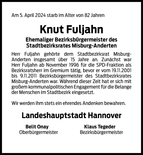 Traueranzeige von Knut Fuljahn von Hannoversche Allgemeine Zeitung/Neue Presse