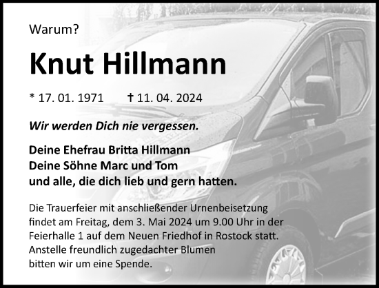 Traueranzeige von Knut Hillmann von Ostsee-Zeitung GmbH