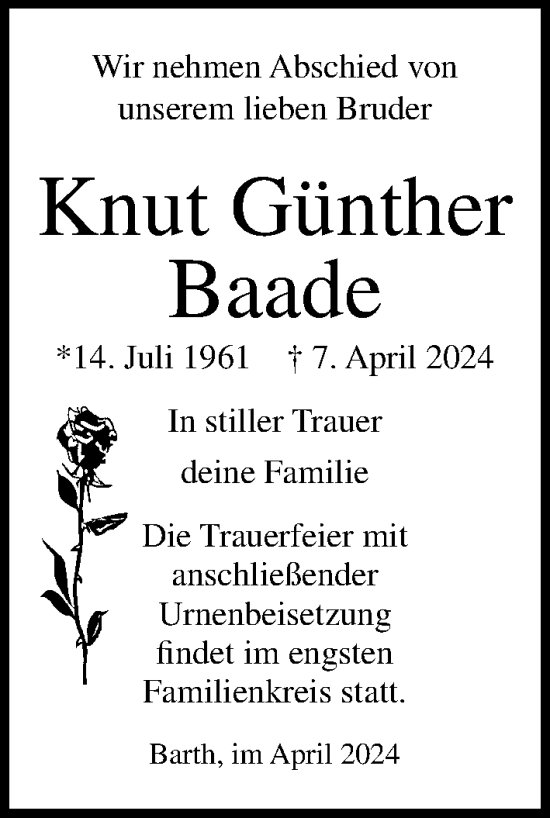 Traueranzeige von Knut Günther Baade von Ostsee-Zeitung GmbH