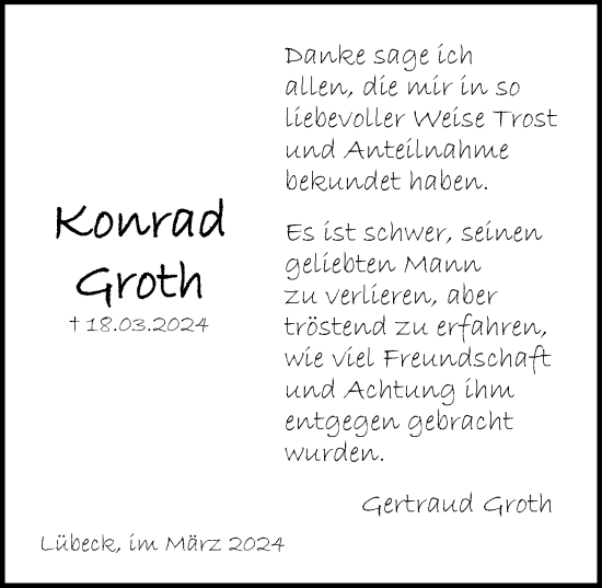 Traueranzeige von Konrad Groth von Lübecker Nachrichten