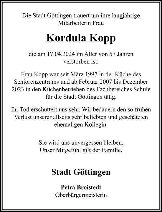 Traueranzeige von Kordula Kopp von Göttinger Tageblatt