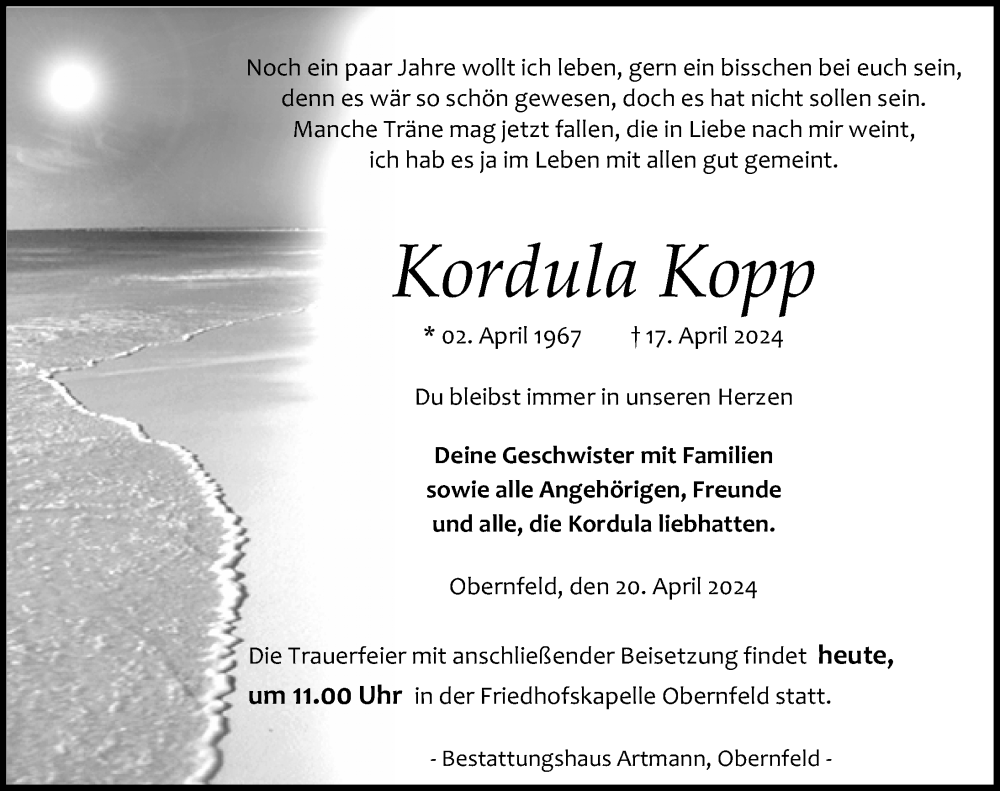  Traueranzeige für Kordula Kopp vom 20.04.2024 aus Göttinger Tageblatt