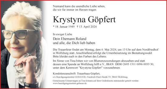 Traueranzeige von Krystyna Göpfert von Aller Zeitung