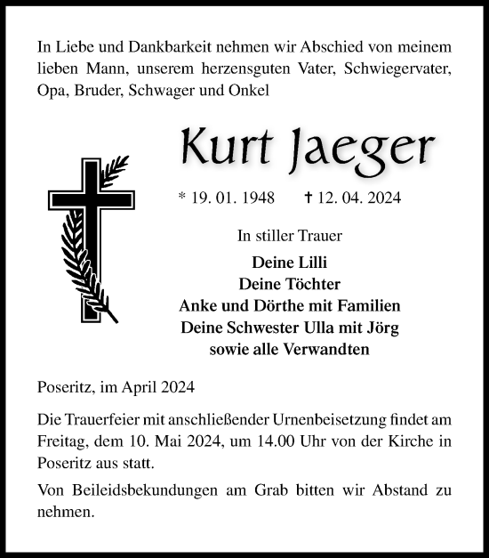 Traueranzeige von Kurt Jaeger von Ostsee-Zeitung GmbH
