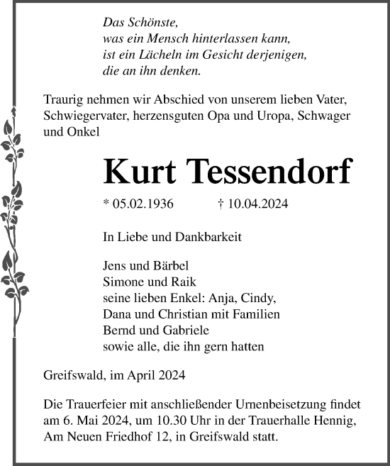 Traueranzeige von Kurt Tessendorf von Ostsee-Zeitung GmbH