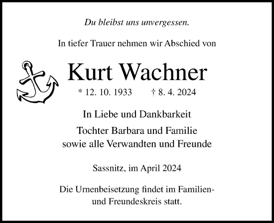 Traueranzeige von Kurt Wachner von Ostsee-Zeitung GmbH