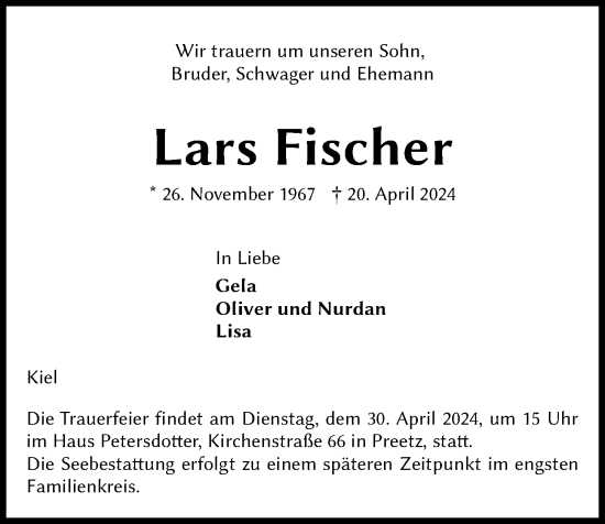 Traueranzeige von Lars Fischer von Kieler Nachrichten