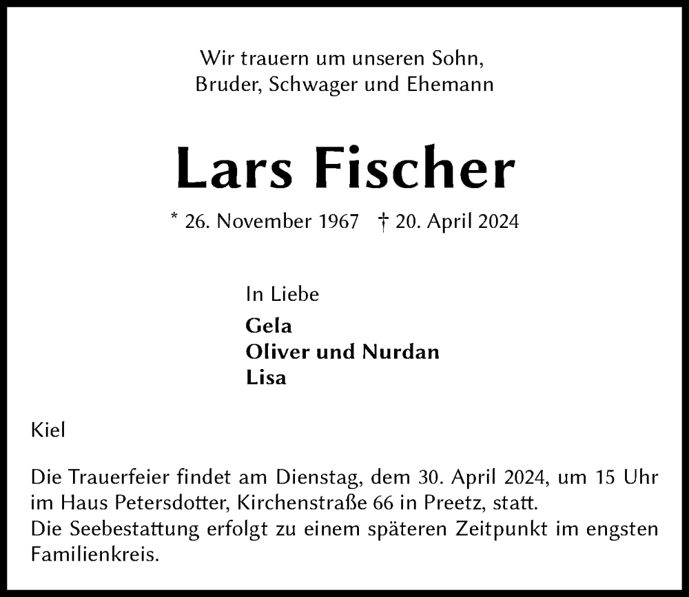  Traueranzeige für Lars Fischer vom 27.04.2024 aus Kieler Nachrichten