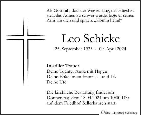Traueranzeige von Leo Schicke von Leipziger Volkszeitung
