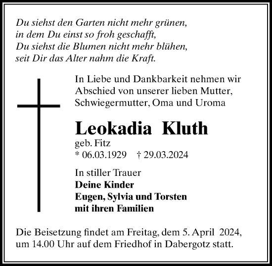 Traueranzeige von Leokadia Kluth von Märkischen Allgemeine Zeitung