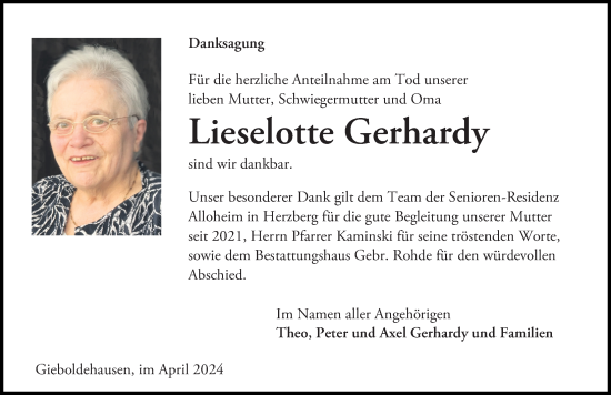 Traueranzeige von Lieselotte Gerhardy von Eichsfelder Tageblatt