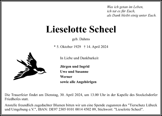 Traueranzeige von Lieselotte Scheel von Lübecker Nachrichten