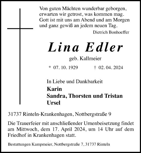 Traueranzeige von Lina Edler von Schaumburger Nachrichten und Schaumburger Zeitung/ Landes-Zeitung
