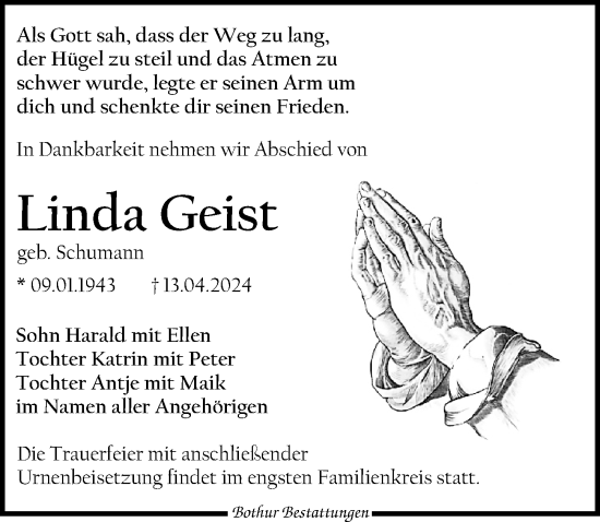 Traueranzeige von Linda Geist von Leipziger Volkszeitung