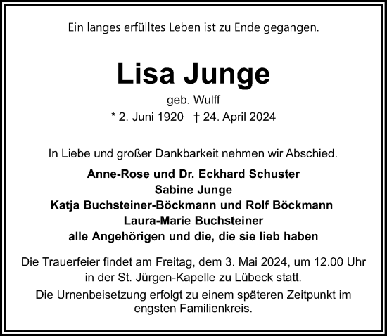 Traueranzeige von Lisa Junge von Lübecker Nachrichten