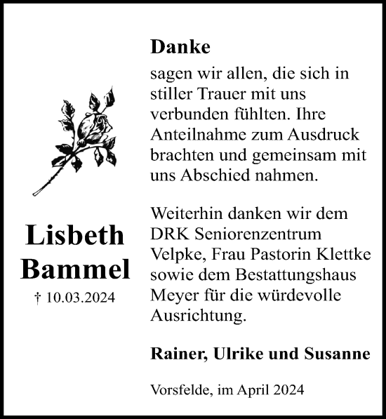 Traueranzeige von Lisbeth Bammel von Aller Zeitung