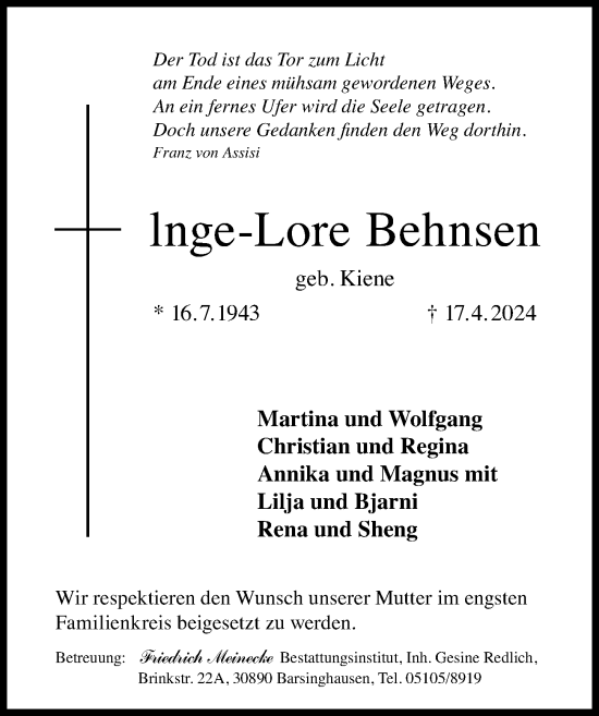 Traueranzeige von lnge-Lore Behnsen von Hannoversche Allgemeine Zeitung/Neue Presse