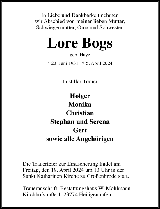 Traueranzeige von Lore Bogs von Lübecker Nachrichten