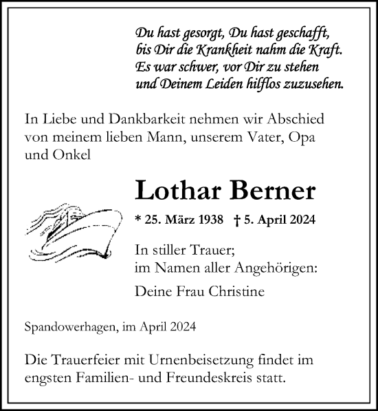 Traueranzeige von Lothar Berner von Ostsee-Zeitung GmbH