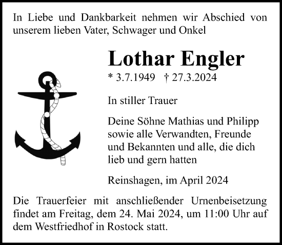 Traueranzeige von Lothar Engler von Ostsee-Zeitung GmbH
