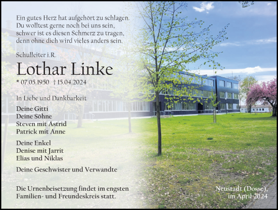 Traueranzeige von Lothar Linke
