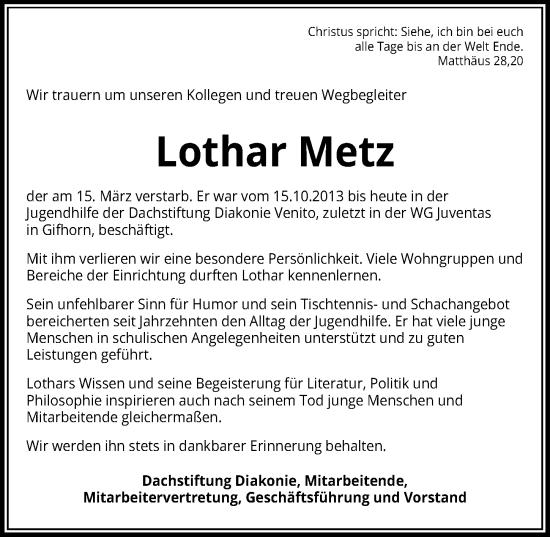 Traueranzeige von Lothar Metz von Aller Zeitung