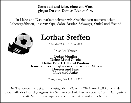 Traueranzeige von Lothar Steffen von Ostsee-Zeitung GmbH