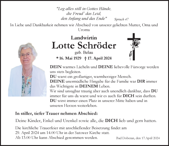 Traueranzeige von Lotte Schröder von Ostsee-Zeitung GmbH
