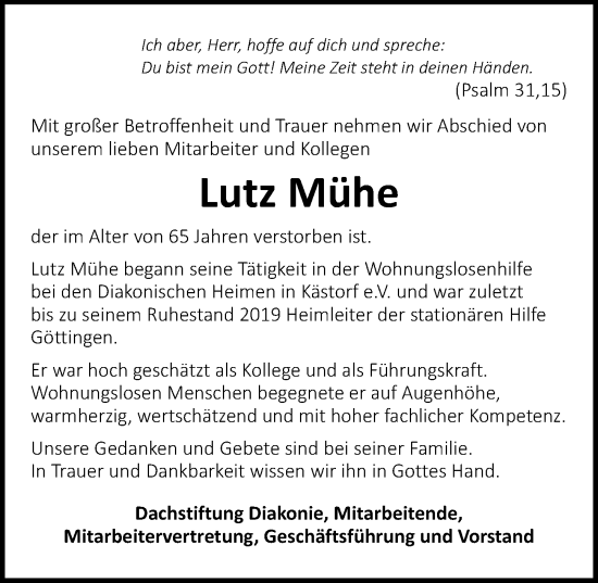 Traueranzeige von Lutz Mühe von Göttinger Tageblatt